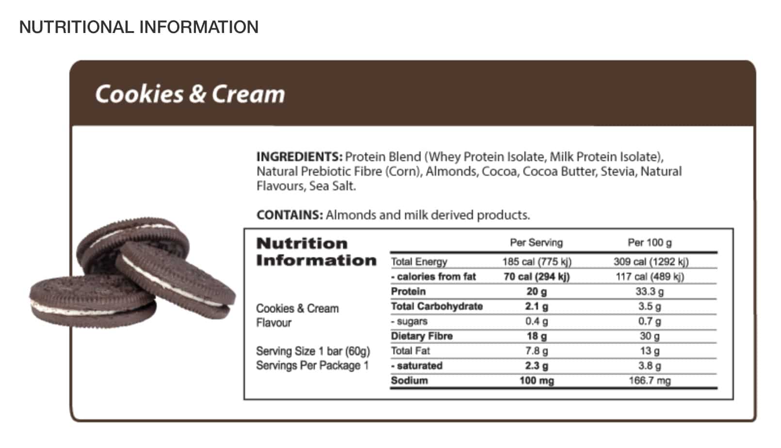 60g cookies & cream protein bar nutritional information